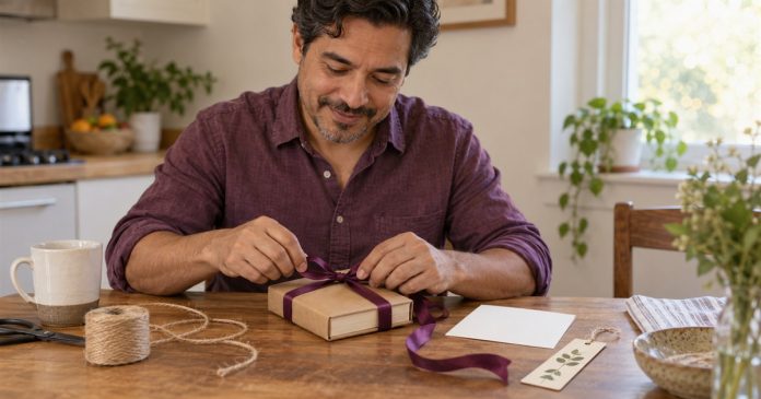 Preparing a thoughtful gift at home Man wrapping a small book with a ribbon and a personal card at a home table.