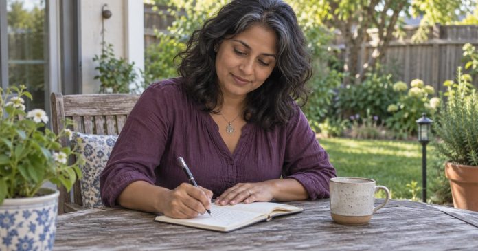 A woman writing a reflection at a modest backyard table