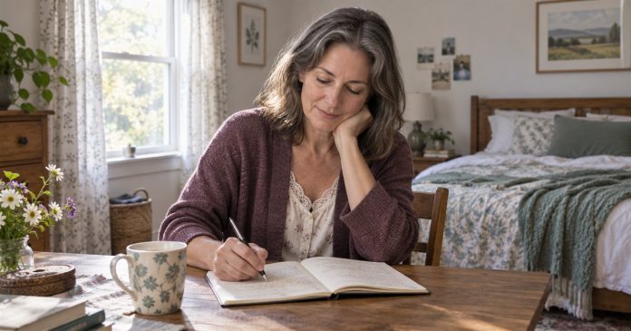 Recording a waking experience Woman writing in a journal in a modest bedroom during morning daylight.