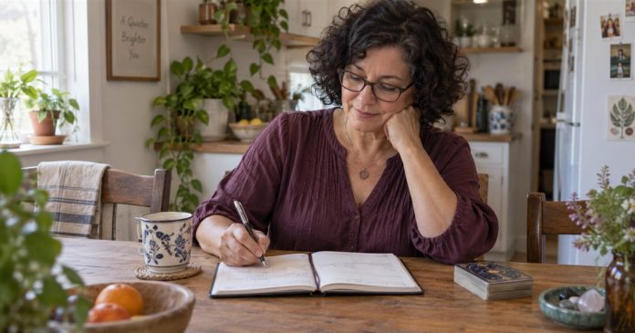 Planning a manageable working week Woman writing in a weekly planner beside a closed tarot deck at home