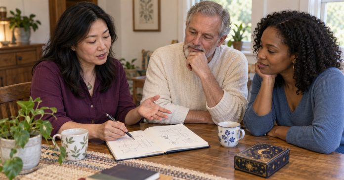 Three adults reviewing a sketch in an open notebook at a home table.