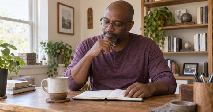 Make the Most of Your Job Without Ignoring Its Limits A man reflecting on work-planning notes at a modest home desk.