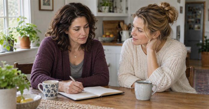 Planning support for a workplace concern Two women having a calm conversation over a notebook at a home table