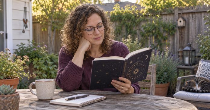 Zodiac Signs and Psychic-Gift Claims: What a Birth Sign Cannot Tell You A woman reading an astrology book at a modest backyard table.