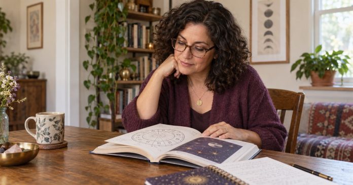 Woman studying a zodiac diagram in an open book at her home table.